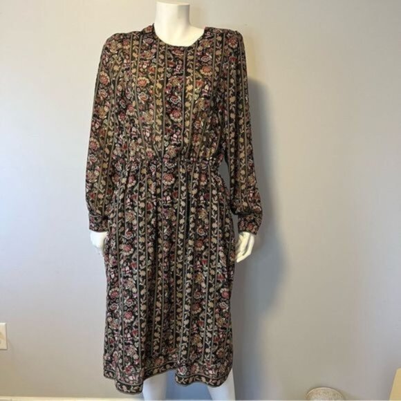 Vintage Floral Midi dress flowy long sleeves earthy tone floral medium size - Picture 1 of 9